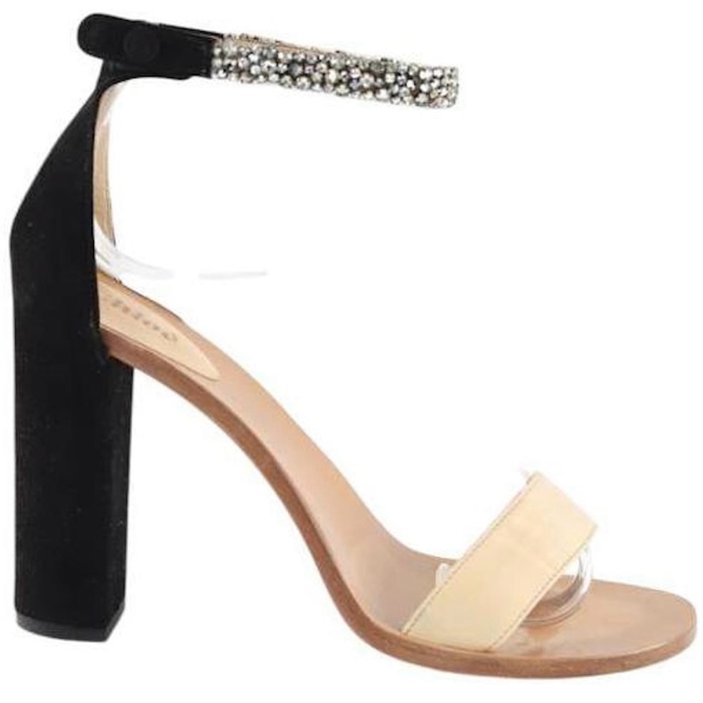 Chloé Rhinestone Ankle Strap Cream and Tan Leather Heeled Sandals w/ Black Heels